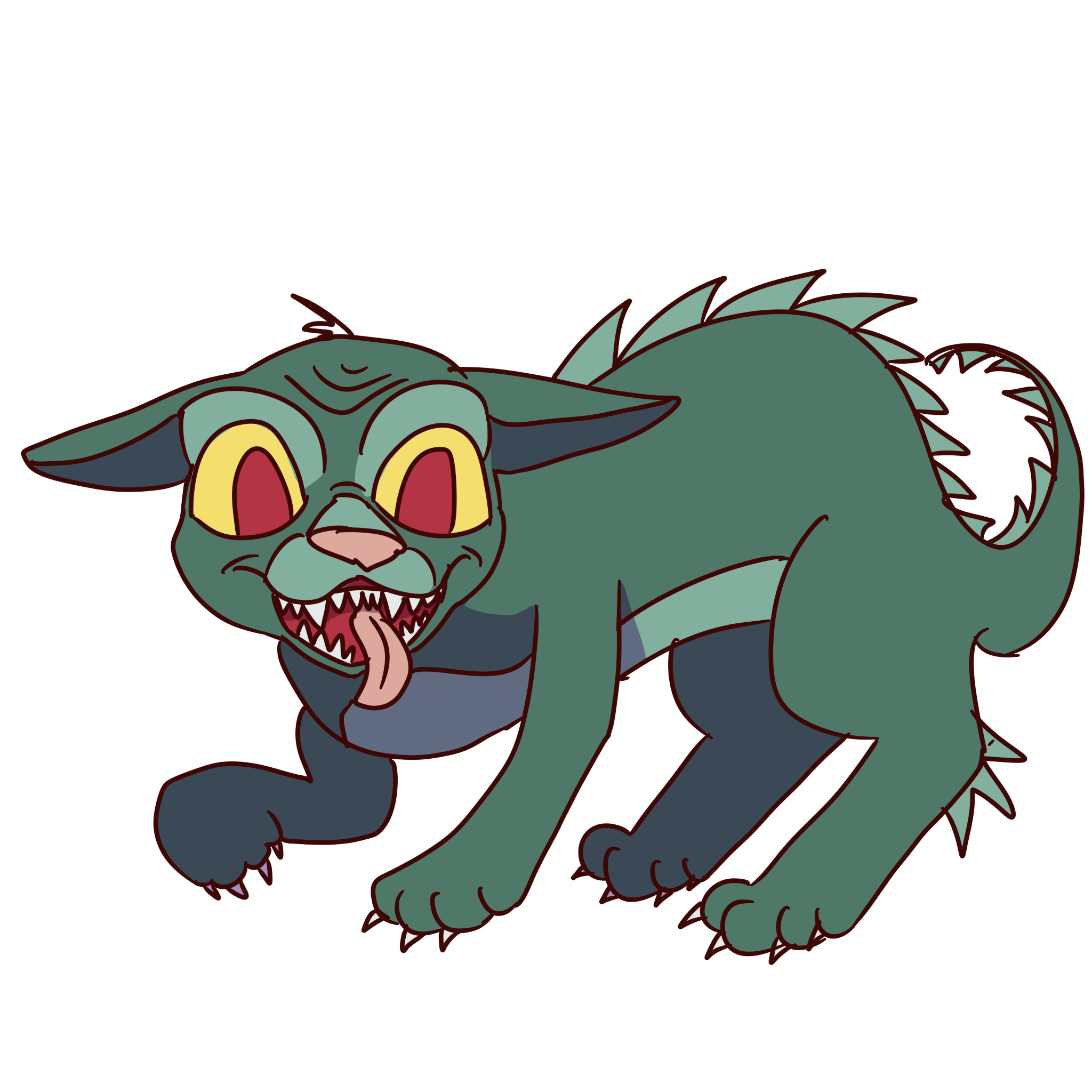  a green chupacabra with pointy ears, a dog snout, spines along its back and claws. he is muted green with yellow and red eyes